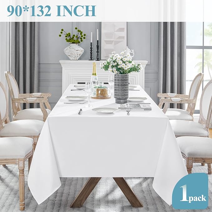 VidaFete 1 Pack Tablecloth 90 * 132inch Rectangle Table Cloth Polyester, Stain Wrinkle Resistant Polyester Dining Table Cover for Kitchen Dinning Party Wedding Tabletop Buffet Decoration(White)