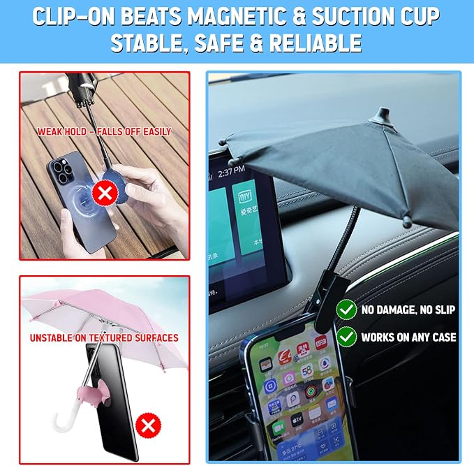 Phone Umbrella - Anti-Glare Sun Shade Phone Umbrella for Sun iPhone Clip On umbrella for phone sun shade Protects from Sunlight and Glare Outdoor Activities Universal Fit for All Smartphones