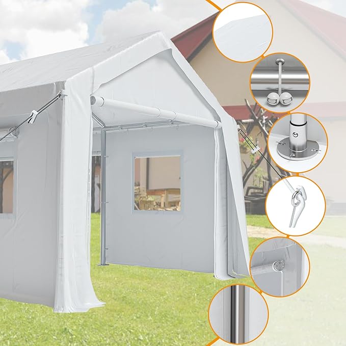 10x20ft Heavy Duty Carport Outdoor Canopy Portable Garage with 4 Doors & 4 Windows Waterproof UV Resistant Storage Shelter with Removable Sidewalls for Car Truck Boat, White