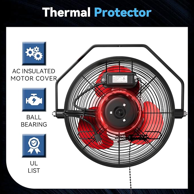 Fanqiebros 12 IN High Velocity Wall Mount Fan, 3 Speed Industrial Wall Fan with Sealed Motor, 2500 CFM Adjustable Air Circulator for Garage, Commercial, Greenhouse, Warehouse & Gazebo Use, UL Listed