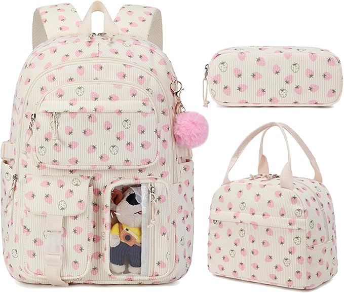 Corduroy Strawberry Backpack for Girls Teens School Bookbag with Lunch Box Pencil Case Laptop Sleeve Elementary Middle School Bag, Straberry-Pink