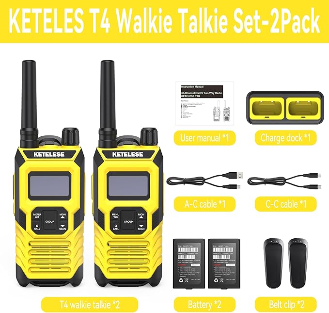 KETELESE T4 FRS Walkie Talkies Earpiece with Mic, IP67 Waterproof Two Way Radio, Walkie Talkie Long Range, 22 Channel, NOAA Weather Alert, PTT, VOX, USB C, Charge Base