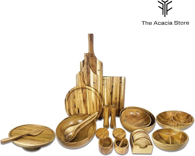 11.5 inches Acacia Wood Salad Bowl Set with 1 set spoon and fork, in a gift box, made from one pc solid acacia wood, made in Vietnam.