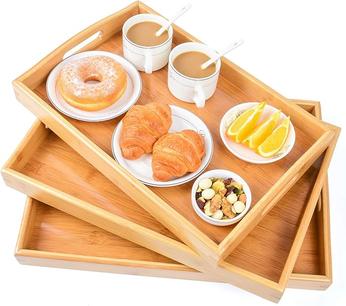 3 Pack Bamboo Serving Trays with Handles, Rectangular Kitchen Food Tray for Eating, Dinner Trays for Eating on Couch, Wood Serving Platter for Breakfast, Tea, Bar, Restaurant, Party or Bed (Beige)