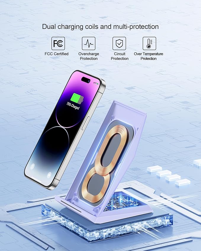 NANAMI Wireless Charger with USB C Charger - Qi Certified Fast Wireless Charging Stand Compatible with iPhone 16/15/14/13/12, Phone Charger Dock for Samsung Galaxy S25/S25+/S25 Ultra/S24/S23/S22/S21