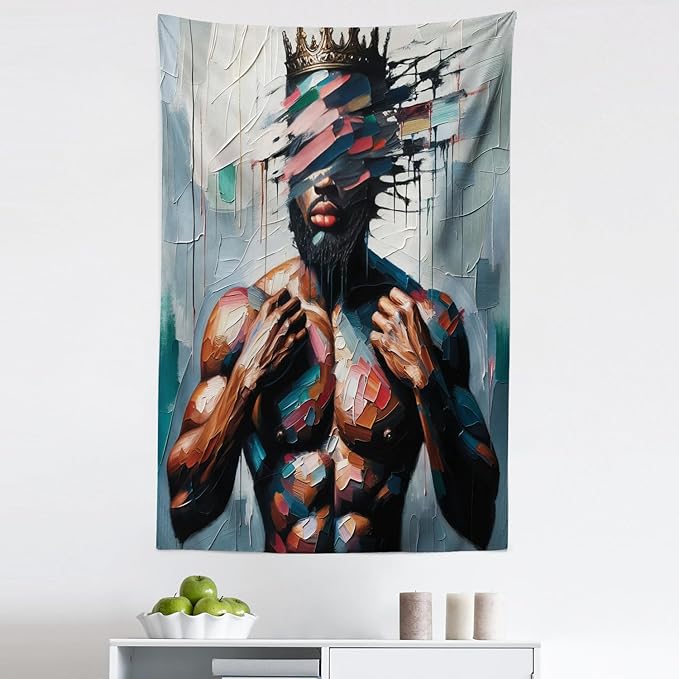 Ambesonne Afro Art Tapestry, Strong Black Man with a Crown Face of Strokes Modern Painting Print, Fabric Wall Hanging Decor for Bedroom Living Room Dorm, 30" X 45", Blue Grey and Chocolate