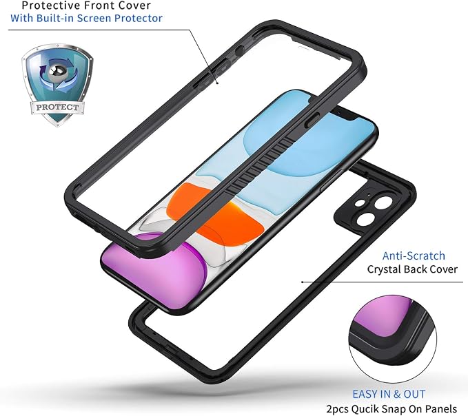 Lanhiem for iPhone 11 Case IP68 Waterproof Dustproof Case with Built-in Screen Protector Heavy Duty Full Body Protective Clear Back Phone Cover for iPhone 11 (Black)
