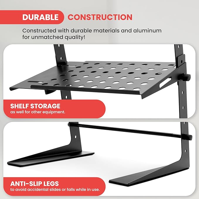 Pyle DJ Laptop Stand with Storage Shelf, Portable Adjustable Computer Stand for Laptop, Height Adjustable Laptop Floor Stand for DJ Booth, Studio, Live Events, and Home Use