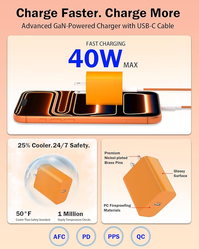 [Apple MFi Certified] 40W GaN III USB C Charger with 10FT Cable for iPhone | 2-Pack PD 3.0 PPS Charger Set Compatible with iPhone 17/16/15 Pro Max Samsung S25 iPad and MacBook Compact Travel Desig