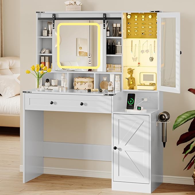 Makeup Vanity Desk with Sliding Mirror and Lights, Farmhouse Vanity Table Set with Power Outlet & RGB Cabinet, Dressing Table with Storage Drawers & Shelves for Kids Girls Women Bedroom, White
