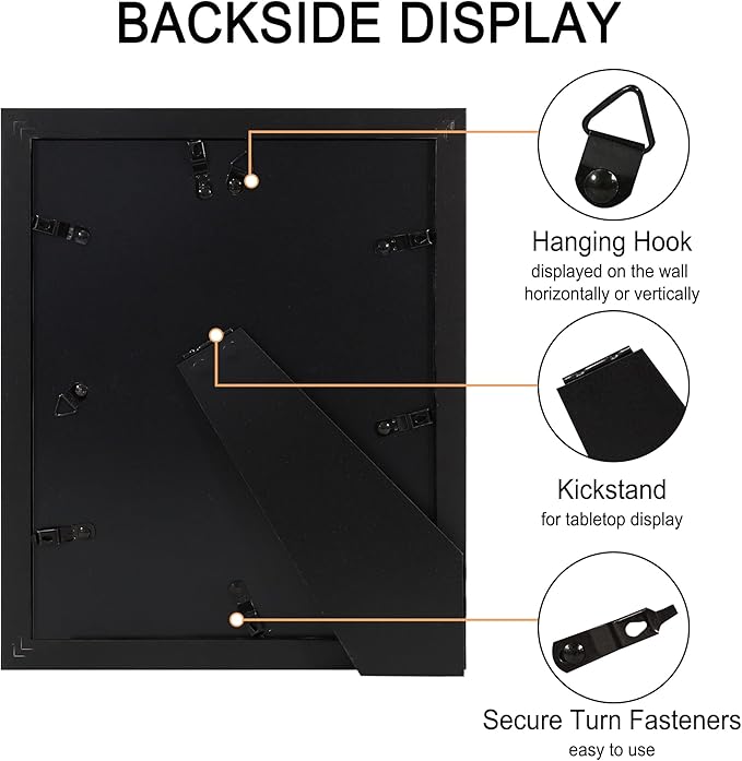 8x10 Picture Frame Set of 4, High Definition Real Glass, Display Pictures 5x7 with Mat or 8x10 Without Mat, Gallery Wall Hanging or Tabletop Photo Frames, Black
