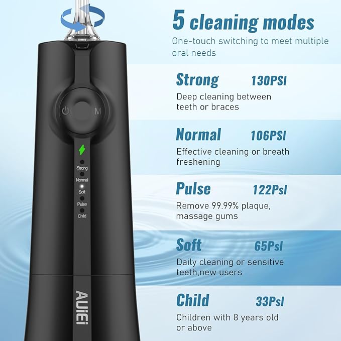 AUIEI Water Flosser Pick for Teeth & Braces, 300ML Cordless Power Dental Flossers with 8 Jet Tips, Oral Irrigator 5 Pressure, IPX7 Waterproof, Portable for Home Travel