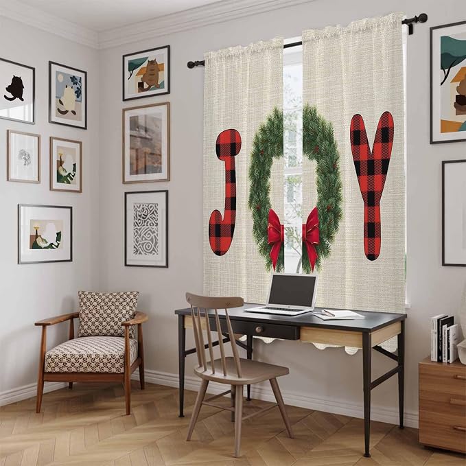 Red Green Christmas Window Curtains 72 Inch Long 2 Panel Set, Rod Pocket Long