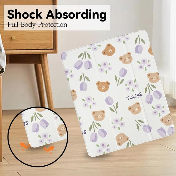 Lovmooful for iPad 9/8/7 Gen Case with Pencil Holder Cute-Bear Flower | Fit for iPad 9/8/7 (10.2-Inch2021/2020/2019 Model9th/8th/7th Generation)Soft TPUTrifold StandProtectiveGirly