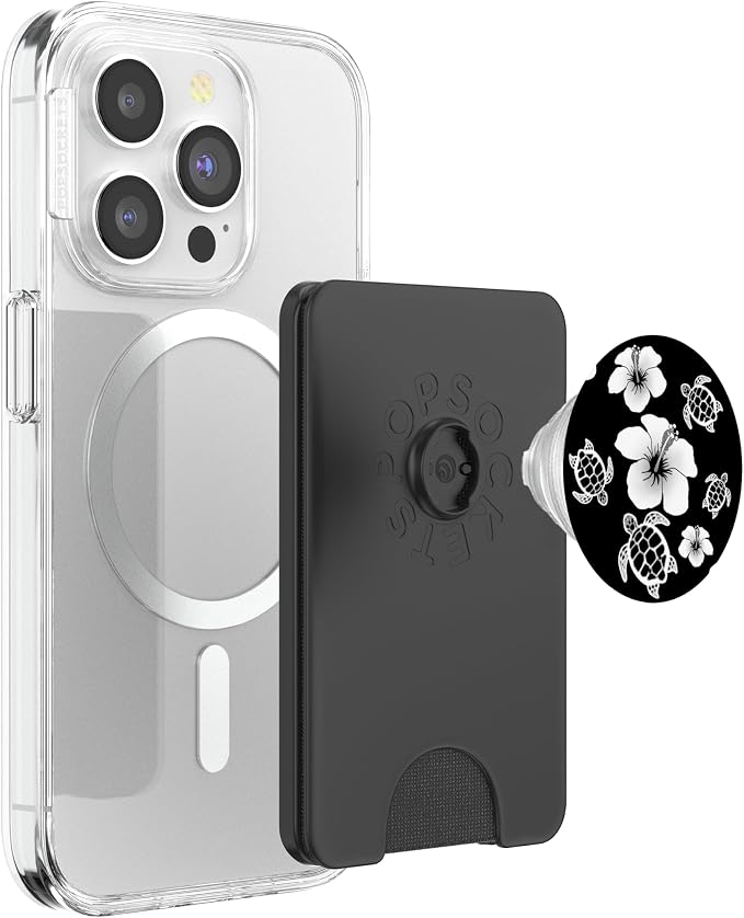 Black and White Hawaiian Island Floral Turtles PopSockets Adhesive PopGrip