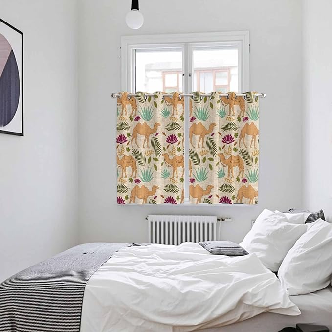 2 Panel Kitchen Cafe Curtains, Desert Camels Sunlight Filtering Nature Air