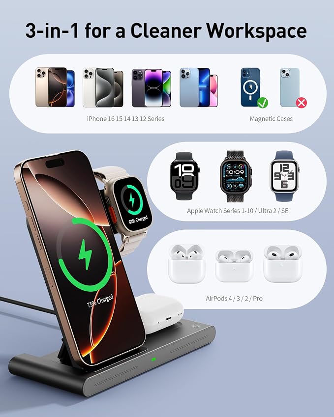 2026 Travel Portable Wireless Fast Charging Station for Apple &amp Android | 3 in 1 Charging for iPhone17 16 15 14 13 12Apple Watch Series &amp Air pods 4 3 2 ProSamsung Galaxy