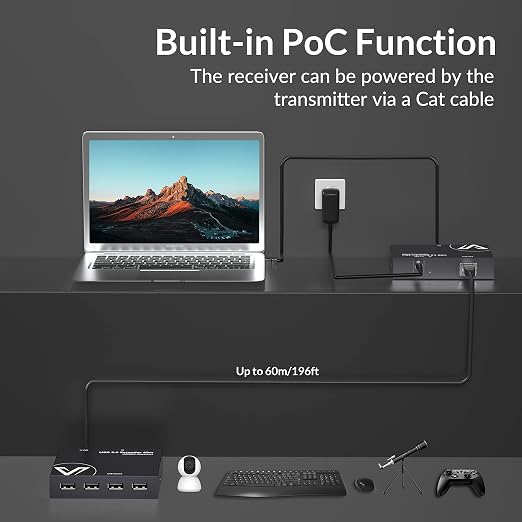 AV Access USB Extender Power Over Cable Cat5e/6/6a/7 up to 196ft/60m | 4 Ports USB 2.0 Extender Over Ethernet Plug and Play Supports All Operating System(Power on TX Side)