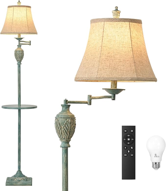 Traditional LED Floor Lamp with 350° Adjustable Swing Arm Lamp – Vintage Standing Pole lamp for Living Room, Bedroom and Office – Rustic Upright Floor Light for Home Décor with Silk Fabric Shade
