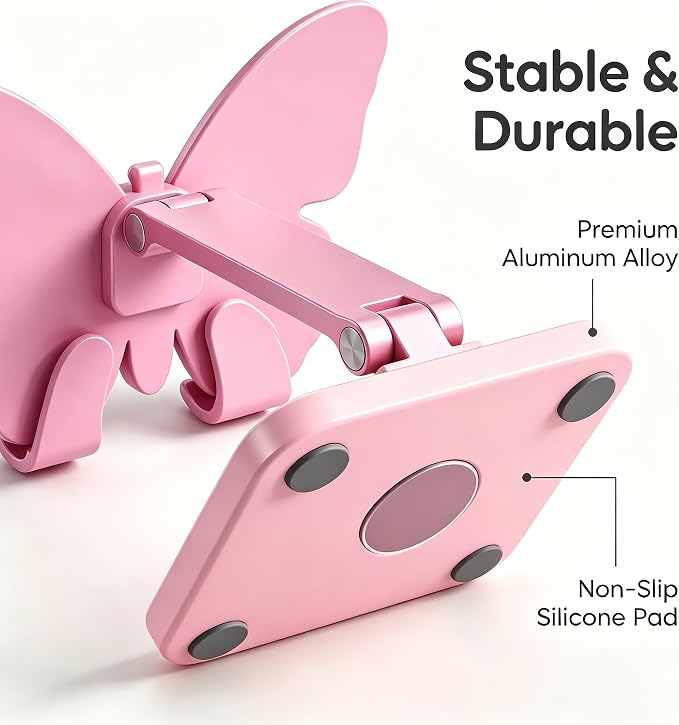 Butterfly Cell Phone Stand for Desk Aluminum Alloy 360° Rotating Phone Holder Height &amp Angle Adjustable Foldable Desktop Dock Universal Anti-Slip for Smartphones Tablets Home Office Travel
