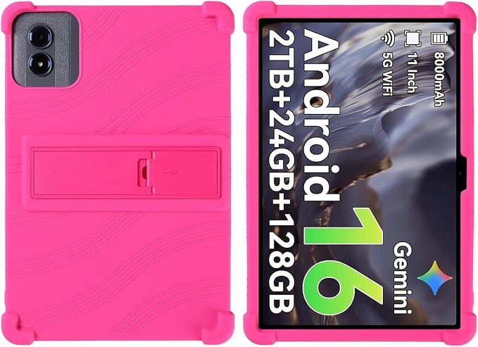 Silicone Case for 11 inch Android 15 TabletSoft Friendly Cover for Android 16 Tablet 11 inch 2026 Adjustable Stand (Black)
