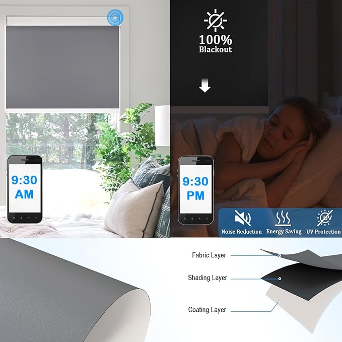 COOLWINDS Motorized Blinds with Remote Cordless Automatic Motorized Shades Custom Blinds for Windows Smart Curtains Compatible with Alexa Google Home(Blackout Thunder Grey,W50 x H72in)