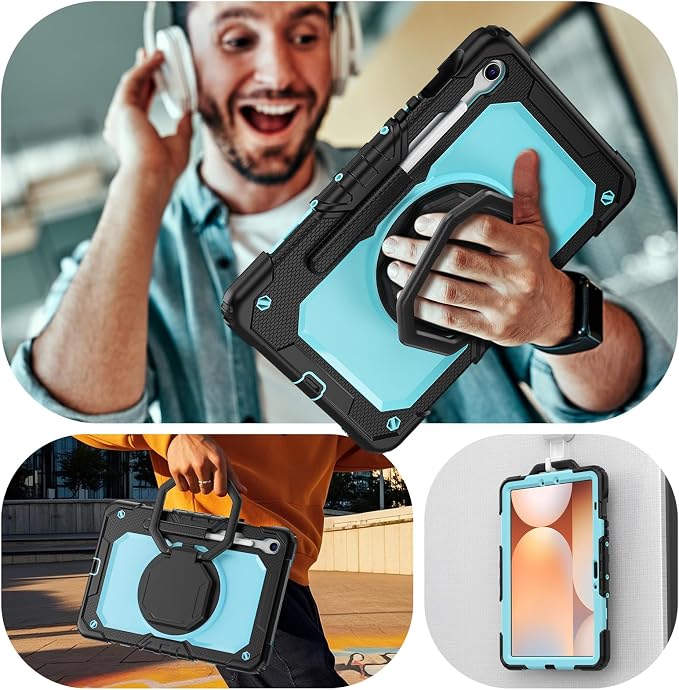 HXCASEAC Case for Galaxy Tab S10 lite / S10 FE / S9 FE 10.9 Inch Shockproof | 360° Rotating Stand | S Pen Holder | Screen Protector | Shoulder Strap | Samaung S10 Lite Tablet Case Kids Black