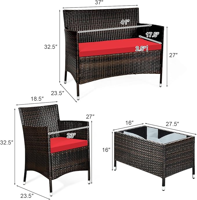 Tangkula 8 PCS Patio Rattan Conversation Set, Outdoor Wicker Furniture Set with Tempered Glass Coffee Table &Thick Cushion, Rattan Chair Wicker Set for Garden, Lawn, Poolside and Backyard (2, Red)