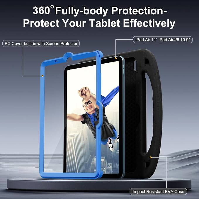 Kids Case for iPad Air 11-Inch (M4/M3/M2 2026/2025/2024) | iPad Air 5th Gen (2022) / 4th Gen (2020) 10.9 Shockproof Cover with Built-in Screen Protector and Stand (Black+Blue)