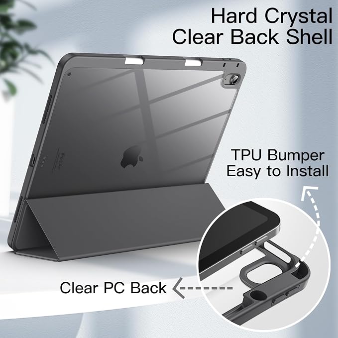 JETech Case for iPad Air 13-Inch M4/M3/M2 (2026/2025/2024) with Pencil Holder Clear Transparent Back Shell Slim Stand Shockproof Tablet Cover Auto Wake/Sleep (Black)