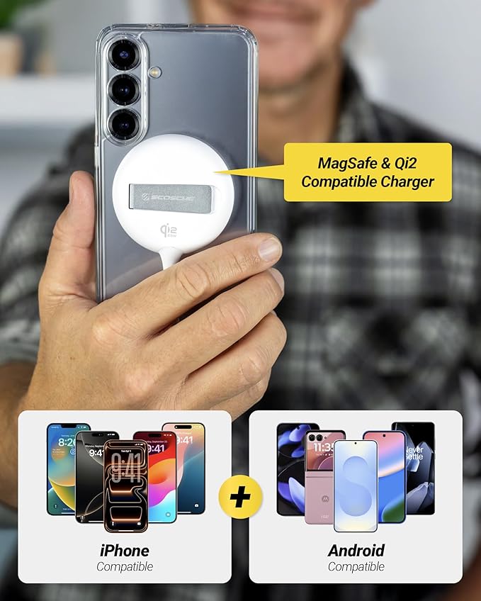 Scosche 25W Qi2 MagSafe Wireless Charger with Kickstand Magnetic Fast Wireless Charging Pad with 6ft USB-C Cable for Hands-Free Viewing Compatible with iPhone 17/16/15 Galaxy S26/25 Pixel 10