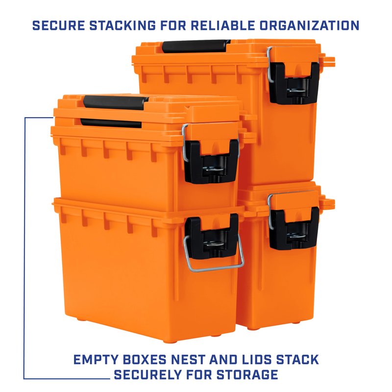 Sheffield 12630 Ammo Storage Box, Stackable .30 Cal Field Boxes, Water and Dust Resistant, Lockable Storage Box with Handle, Secures Hunting Gear, Supplies, and Bullets, Made in USA, Orange, 1-Pack