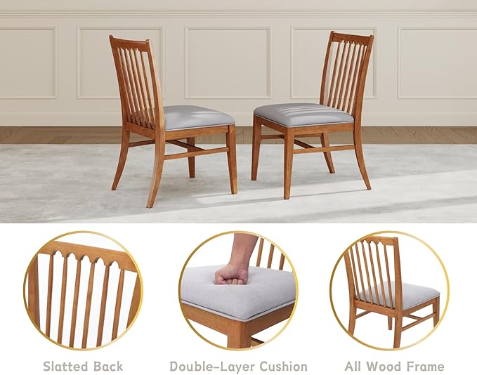 chairus Upholstered Dining Chairs Set of 4, Natural Wooden Barrel Kitchen Chairs with Slat Back Double-Layer Cushion Farmhouse Accent Chairs for Dining Room/Living Room/Restaurant, Chenille Grey