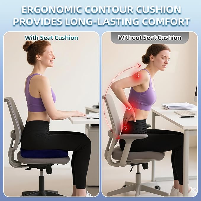 Seat Cushion for Office Chair Memory Foam Coccyx Pain Relief Cushion Pillow for Back Support Non-Slip Seat Pad for Office Desk (Blue)