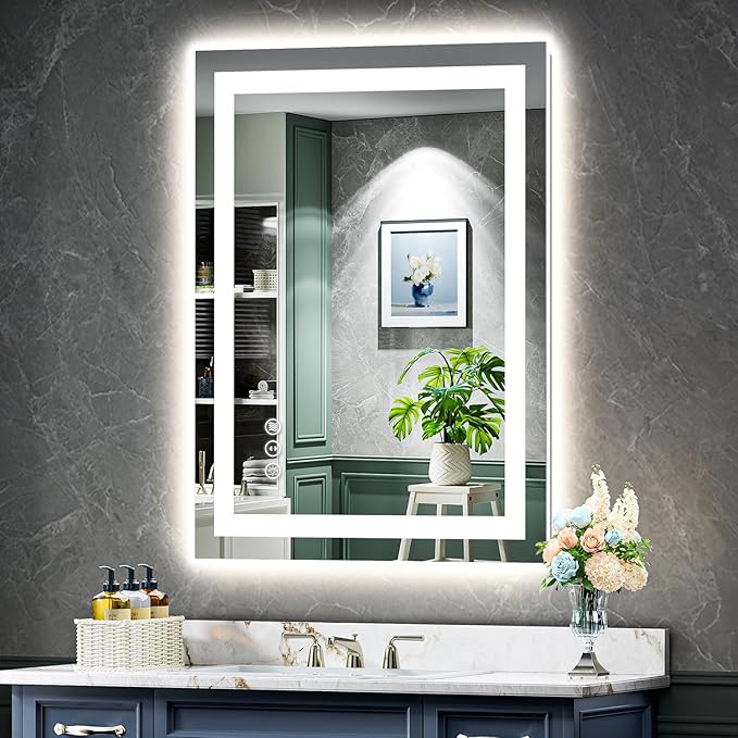 YEELAIT 24x36 Inch LED Bathroom Mirror with Lights Front and Backlit Lighted Vanity Mirror for Bathroom Wall with 3 Colors Dimmable Anti-Fog Memory Shatter-Proof IP54 Waterproof Horizontal/Vertical