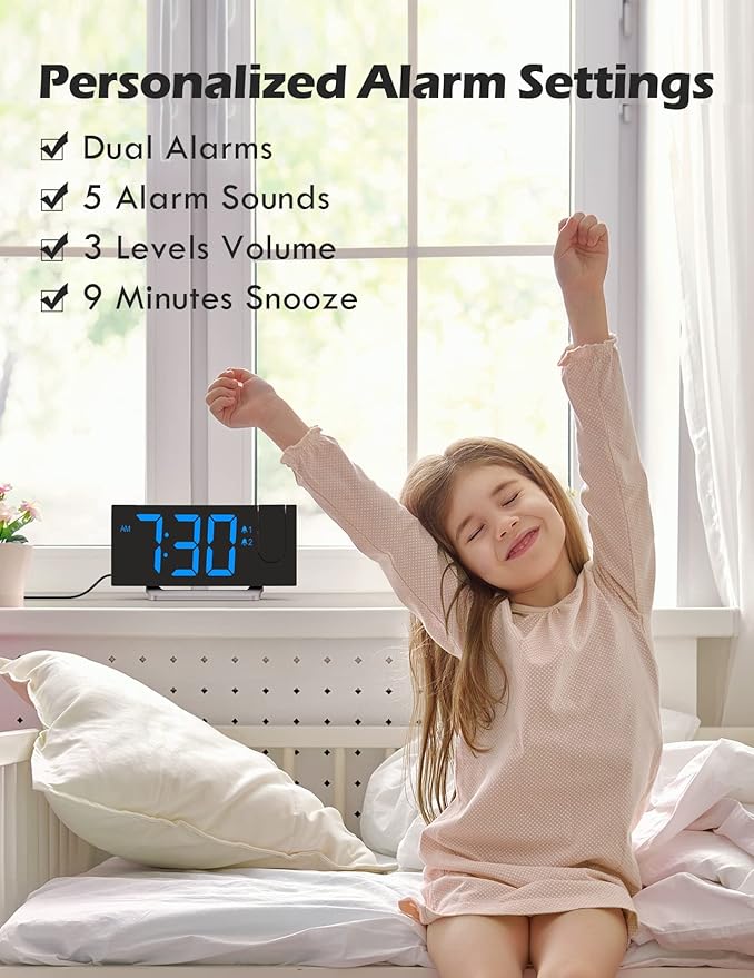 Projection Alarm Clock with FM Radio, USB Charging Port, 0-100% Dimmer, Dual Alarms, HD LED Display, 30 Preset Stations, Sleep Timer, 5 Alarm Sounds, Snooze, Curved Screen, Digital Clock for Bedroom