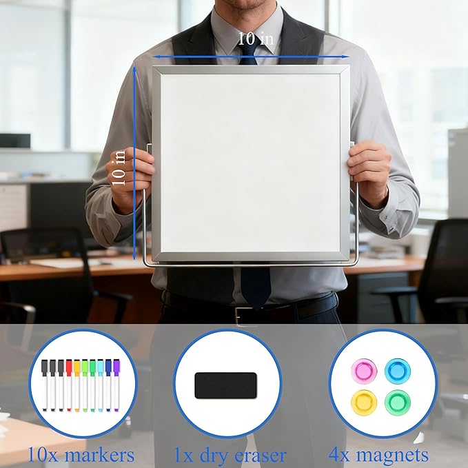Small Dry Erase Board with Stand, 10" x 10" Double-Sided Desktop Whiteboard, Includes 10 Markers, 4 Magnets & 1 Eraser, Mini Whiteboard for Desk, Office, Kitchen, School, Kids Room
