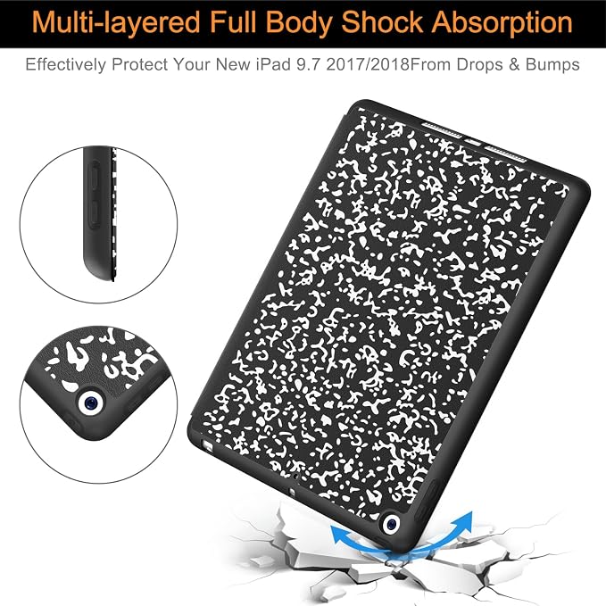 Soke Case Fits for iPad 6th/5th Generation with Pencil Holder - [Full Body Protection + Auto Wake/Sleep] Shockproof Soft TPU Back Cover for Apple iPad 9.7 inch 2018/2017 Black