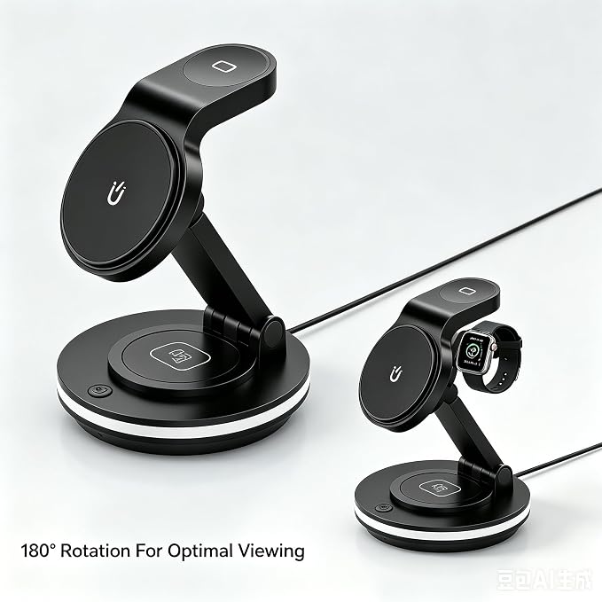 4-in-1 Foldable &amp rotatable Wireless Charging Station with 15W Fast Charging. Compatible with iPhone 12-17 Apple Watch and AirPods Series.