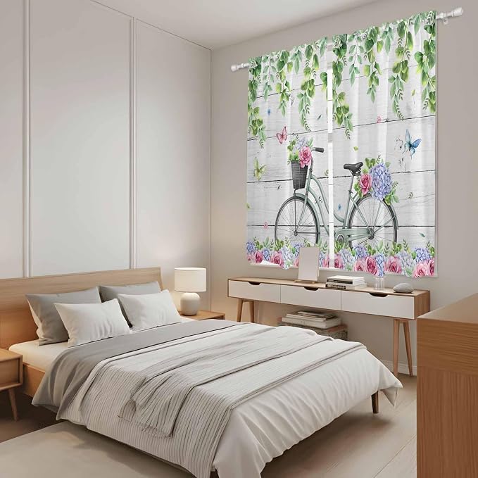 Spring Kitchen Curtains, Bicycles Botanical Rose Leaves Butterfly Wood Grain