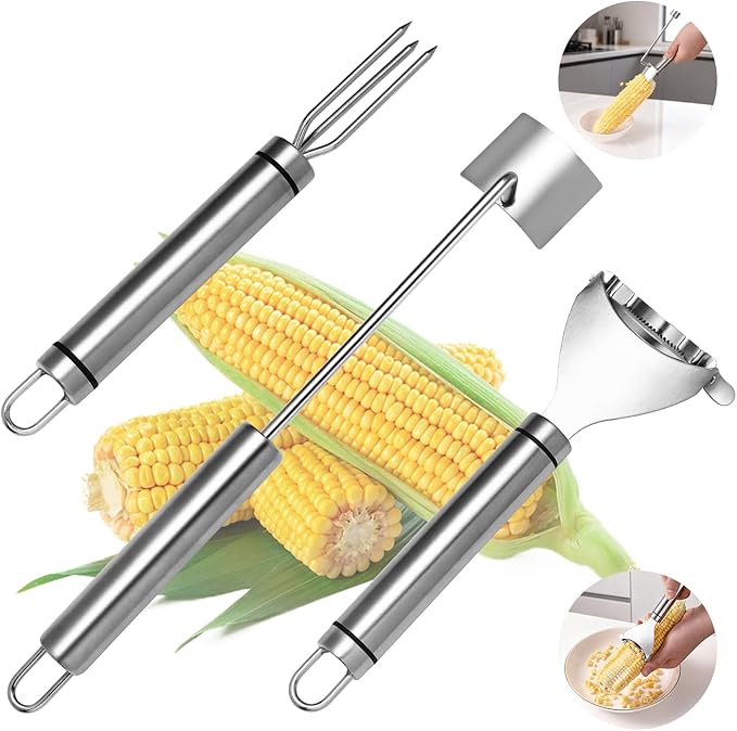 Fvbber Upgraded Corn Peeler 3PCS Stainless Steel Corn Peeler for Corn on The Cob with Corn Stripper Tool and Corn Holder Set, Corn Cob Stripper Tool for Quick & Easy Peeling, Corn Scraper for Kitchen