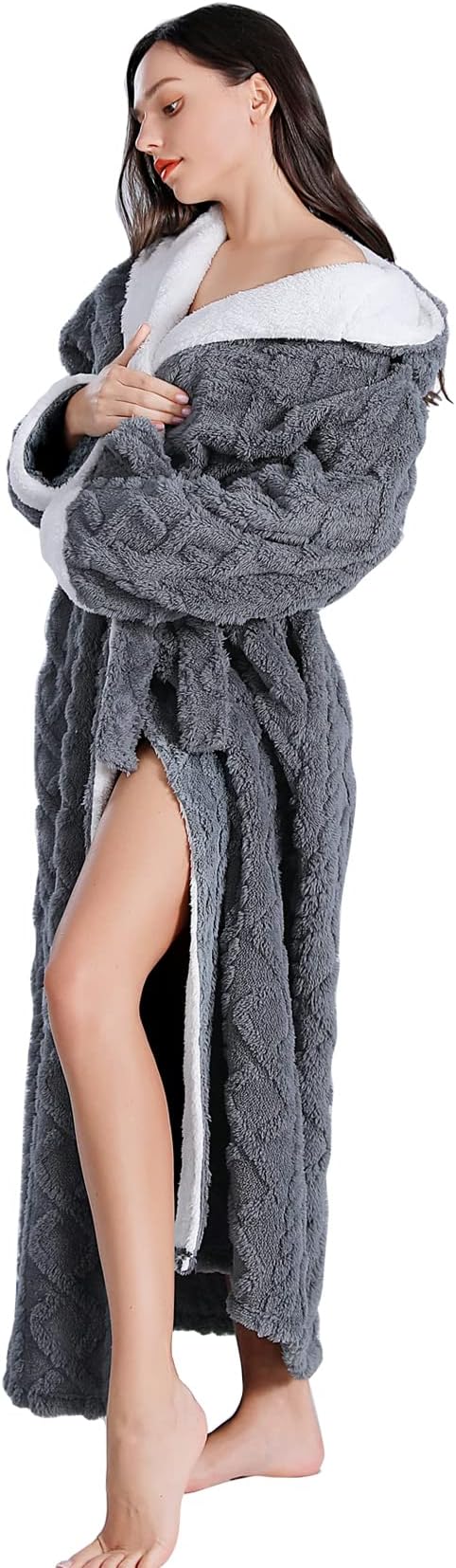 LKG women's robes long plush hooded ladies shower luxury christmas warm fuzzy robes house coat bathrobe for women full length