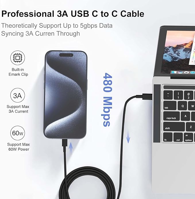 Hzevn 60W USB C Charging Cable for MacBook Pro/Air &amp for iPhone 16/15 Pro Max MFi Certified 20V/3A Super Fast Charger Cord 6ft+10ft PD 3.0 Compatible with iPad Pro 12.9/11 Samsung S25/S24(2-Pac