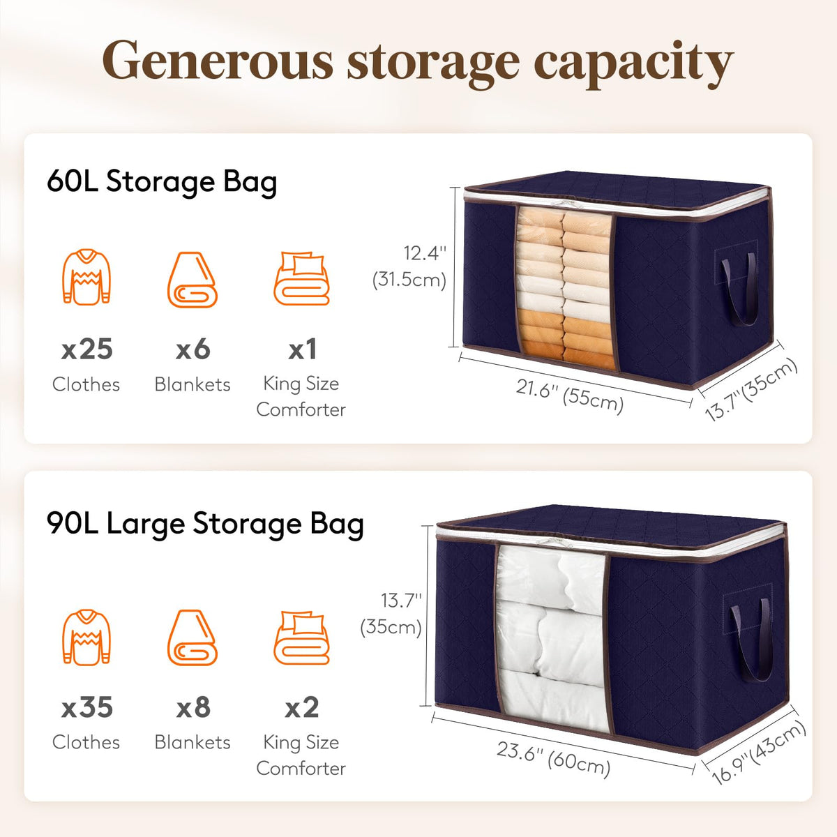 Lifewit 90L Large Storage Bags, 6 Pack Closet Organizers and Storage, Clothes Storage Bins with Lids, Foldable Storage Containers with Reinforced Handles for Clothing, Blanket, Bedding, Comforter Blue