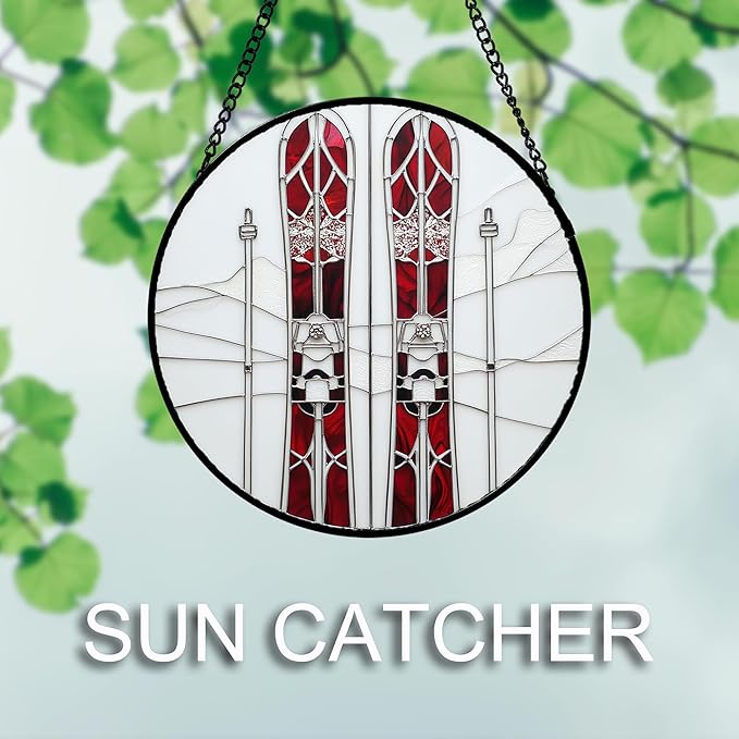 Stained Glass Window Hanging 4 Pcs Set Winter Skiing Red Christmas House 7.8" - Suncatcher Door Garden Sun Catcher Decor Birthday Mother's Day for Mom Woman Nana Friend