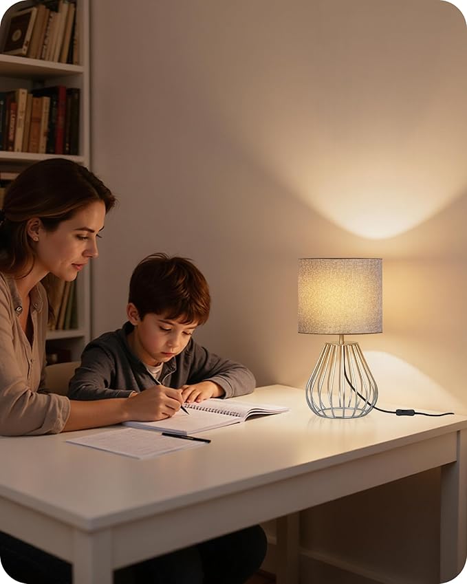 Small Table Lamp, Bedside Lamp with Grey Linen Lampshade & Silver Metal Base, Modern Nightstand Lamp, Little Cute Desk Lamp for Bedroom, Living Room, 2700K LED Bulb Included, SH06TL05