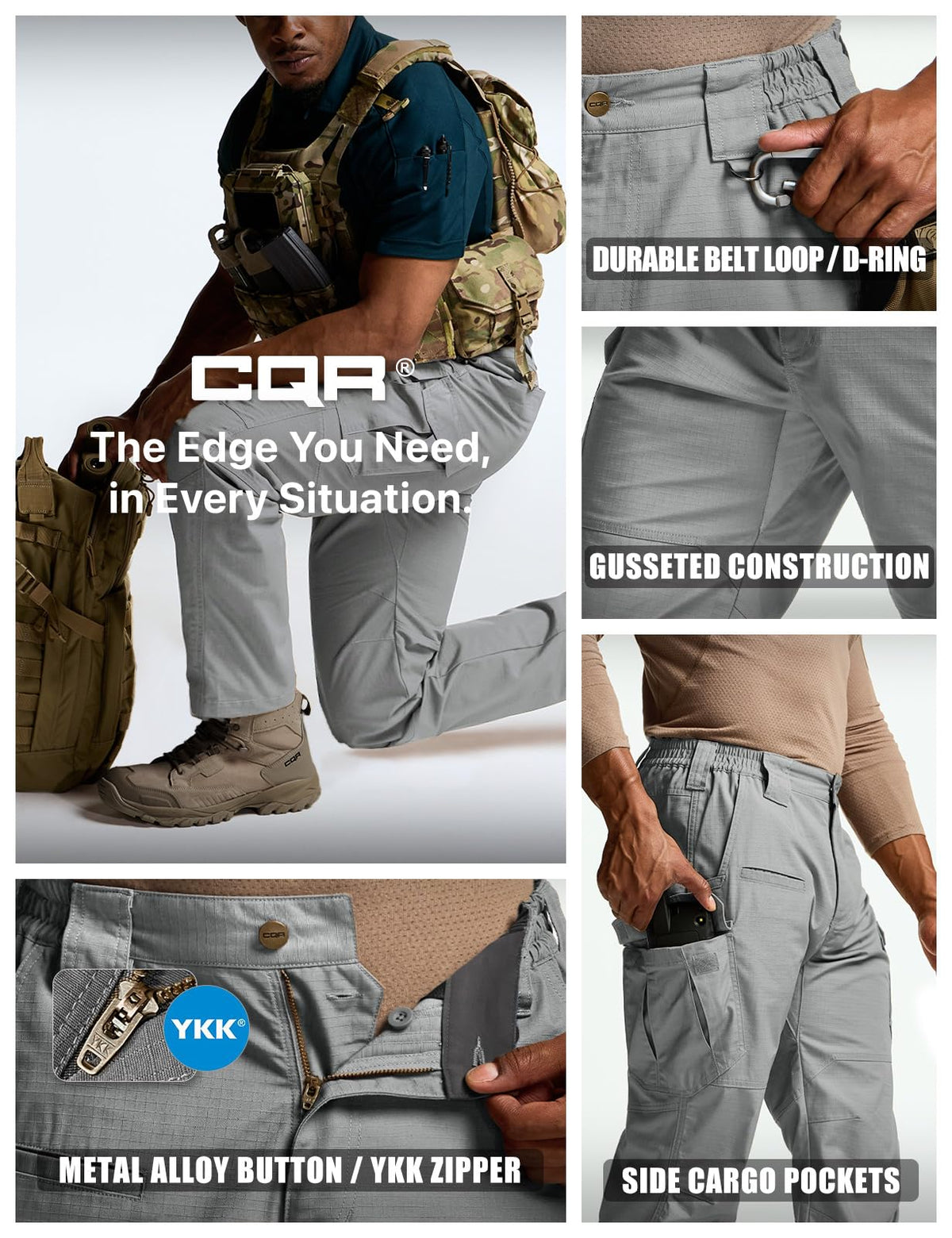 CQR Men's Tactical Pants, Water Resistant Ripstop Cargo Pants, Lightweight EDC Work Hiking Pants, Outdoor Apparel, Raider Mag Pocket Stone, 40W x 30L