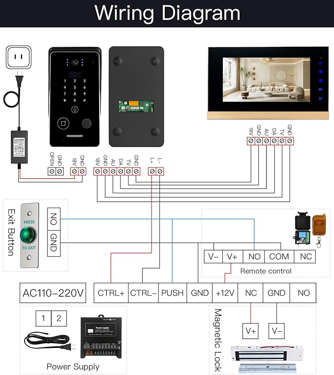 Smart Home 7-Inch Video Intercom Doorbell System with HD Display & Touch Keypad, Fingerprint/Key Card/Password/Remote Unlock, 1200lbs Magnetic Lock (NC) & Exit Button for Homes & Villas