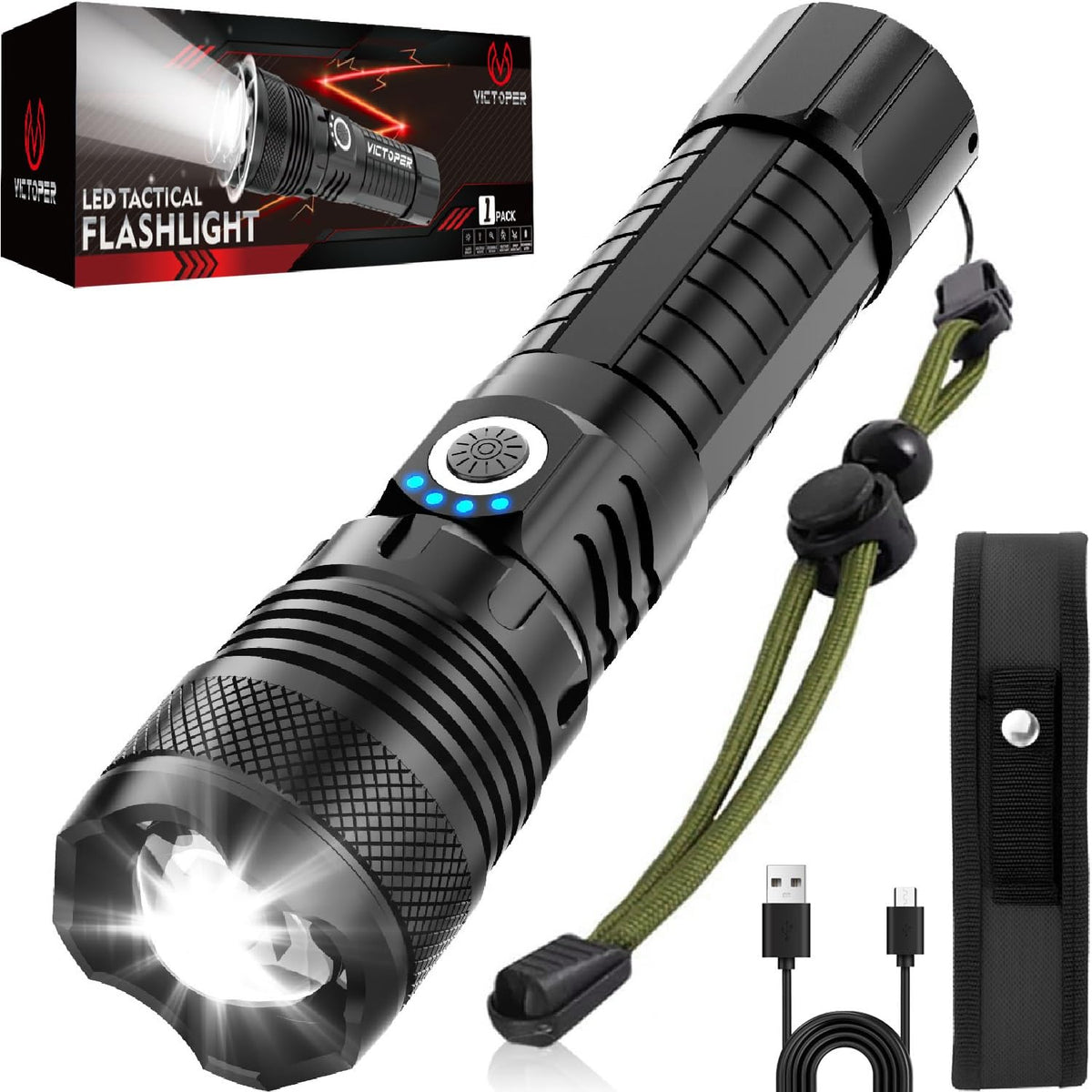 Victoper LED Flashlights, High Powered High Lumens Super Bright Tactical Flashlight, Rechargeable, 5 Modes Zoomable Waterproof Flash Lights for Emergency, Outdoor, Home, Camping, Hiking