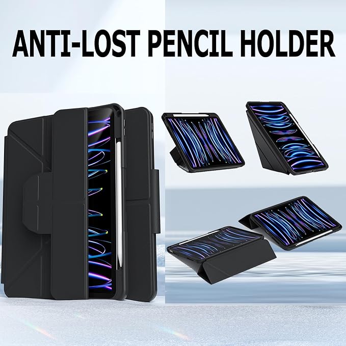 Military Grade Case for iPad (A16) 11 2025 10th Gen 10.9 2022 Black | Pencil Holder Auto Sleep/Wake Multi Angle Magnetic Stand Hard Clear Acrylic Back Shockproof Protective Cover